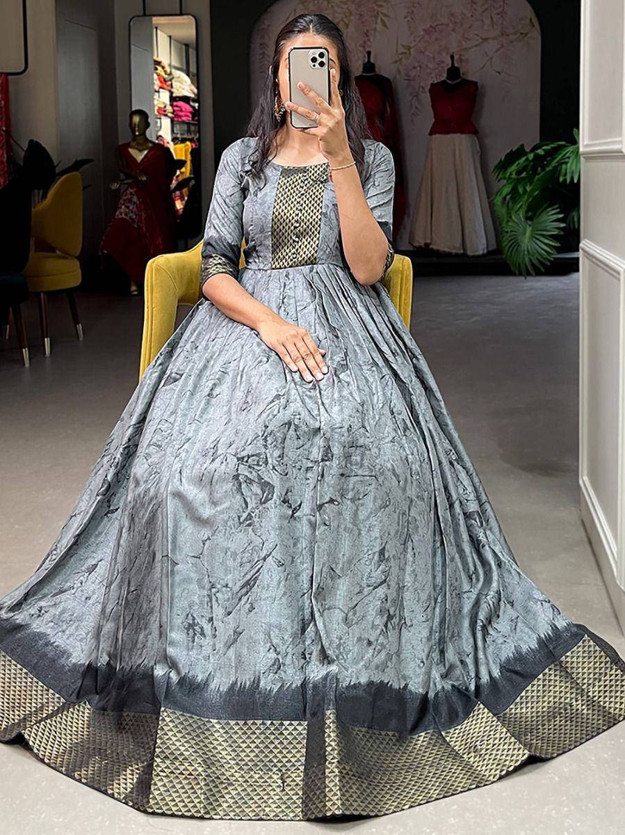 Grey ethnic gown with gold geometric border, perfect for Indian occasions and festive wear