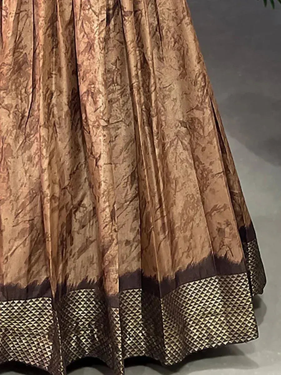 Brown printed lehenga skirt with geometric border, ethnic wear for women
