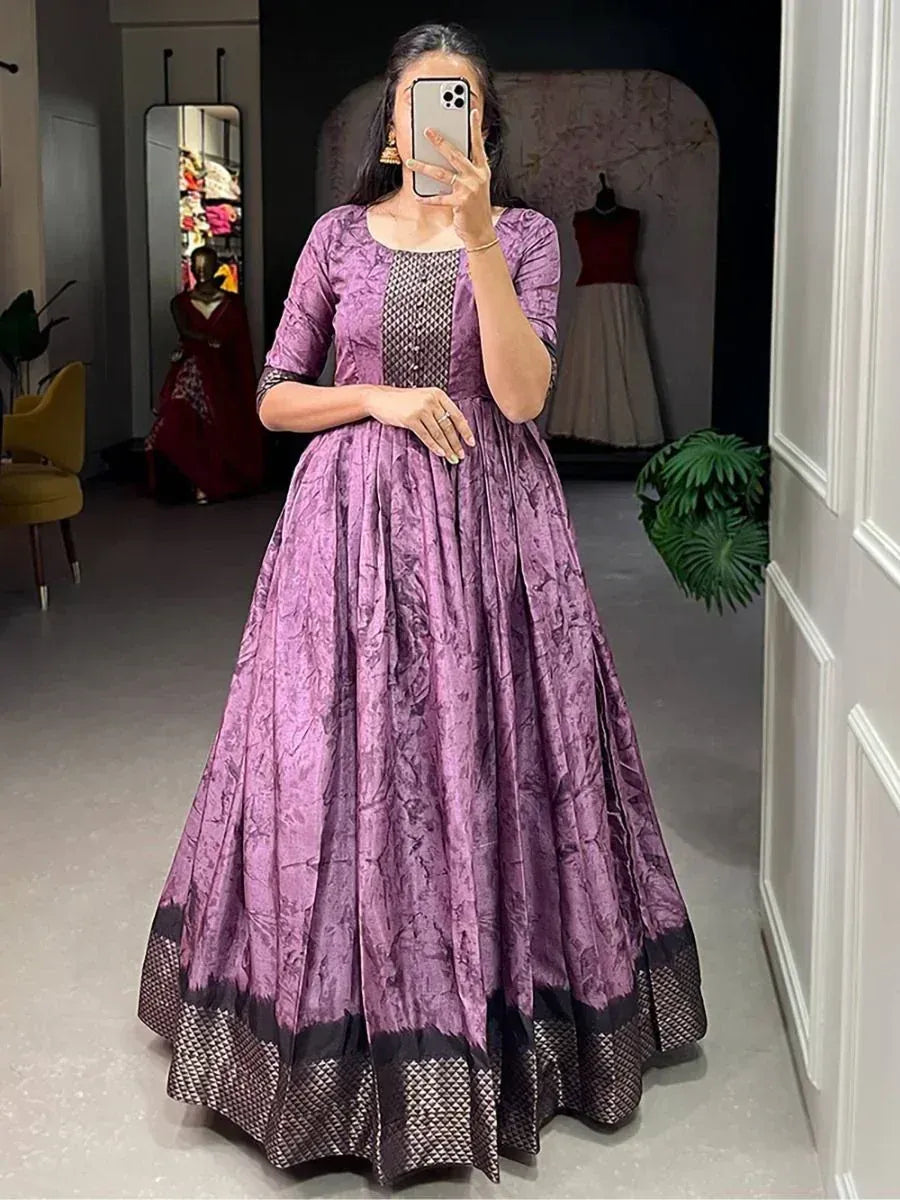 Purple ethnic gown with black border, perfect for Indian occasions and festive wear