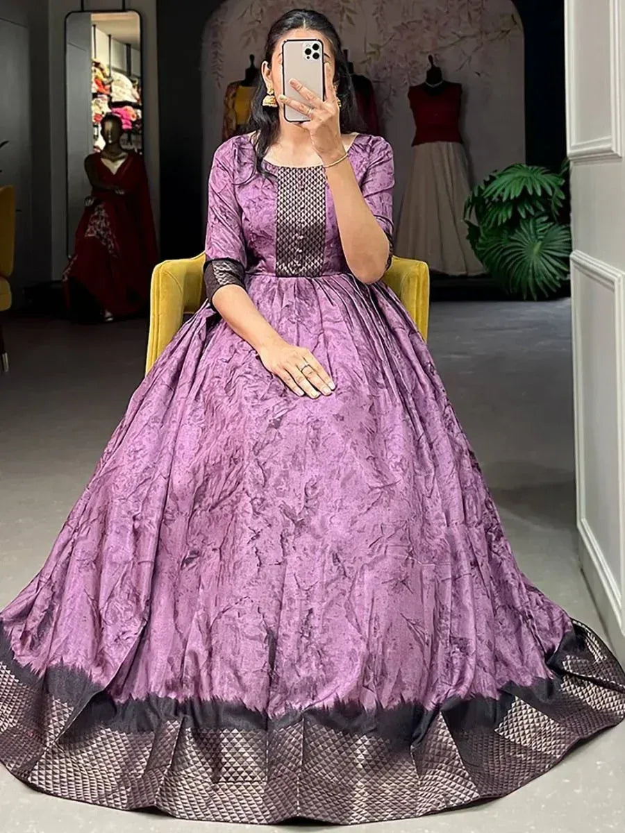 Purple ethnic gown with black geometric border, perfect for Indian weddings and festive occasions