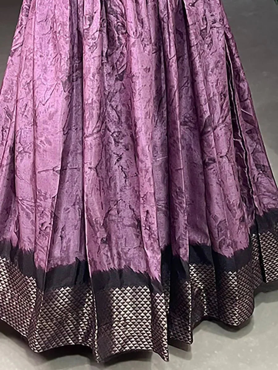 Purple ethnic satin skirt with textured fabric and metallic geometric border