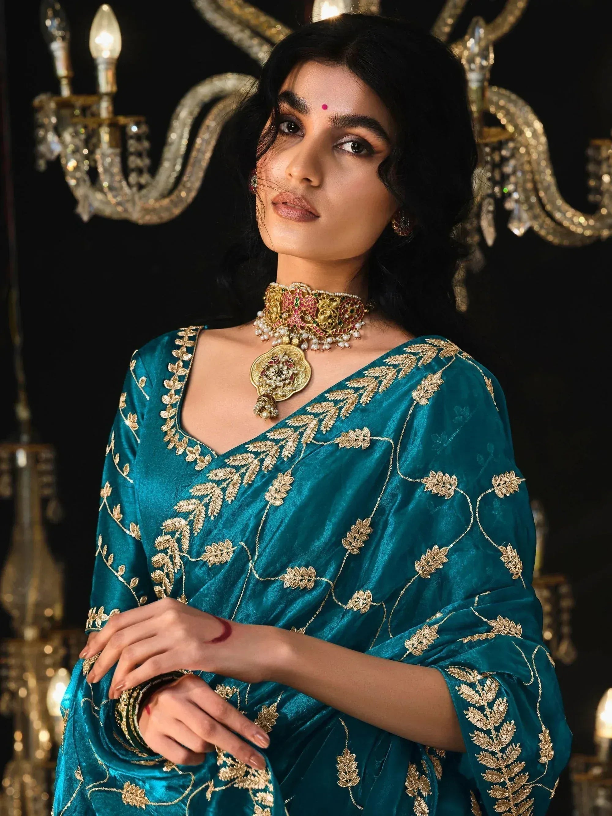 Gorgeous Sky-Blue Embroidered Tissue Silk Traditional Saree With Blouse