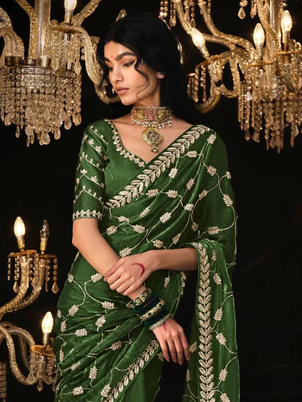Alluring Green Embroidered Tissue Silk Mehendi Wear Saree With Blouse