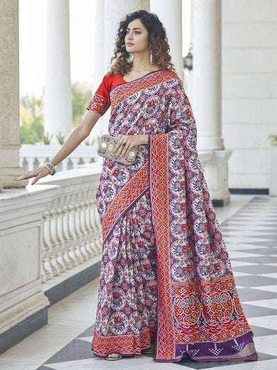 Glamorous White Patola Silk Weaving Wedding Wear Saree With Blouse