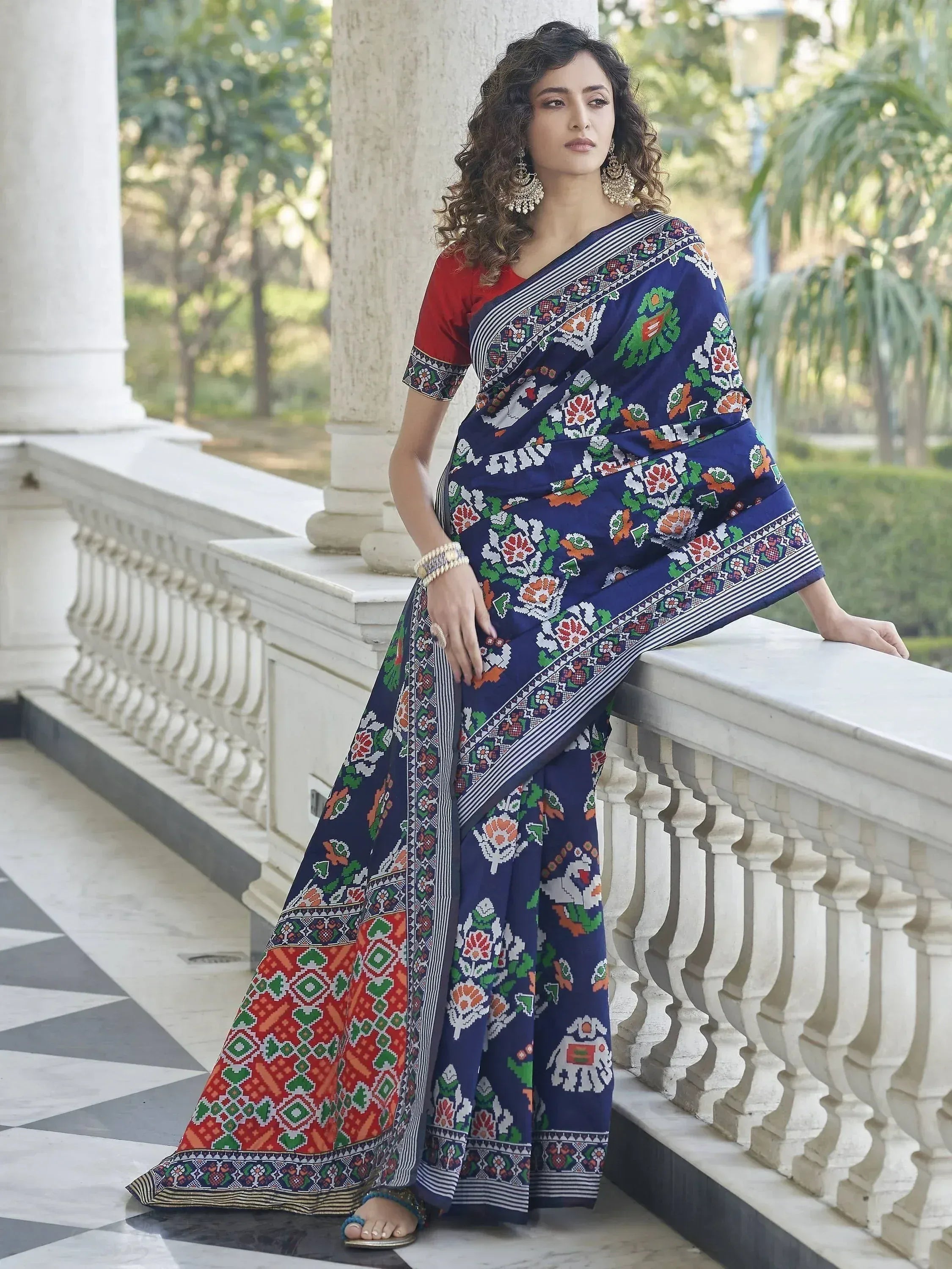 Blue floral printed saree with red blouse, ethnic wear for women