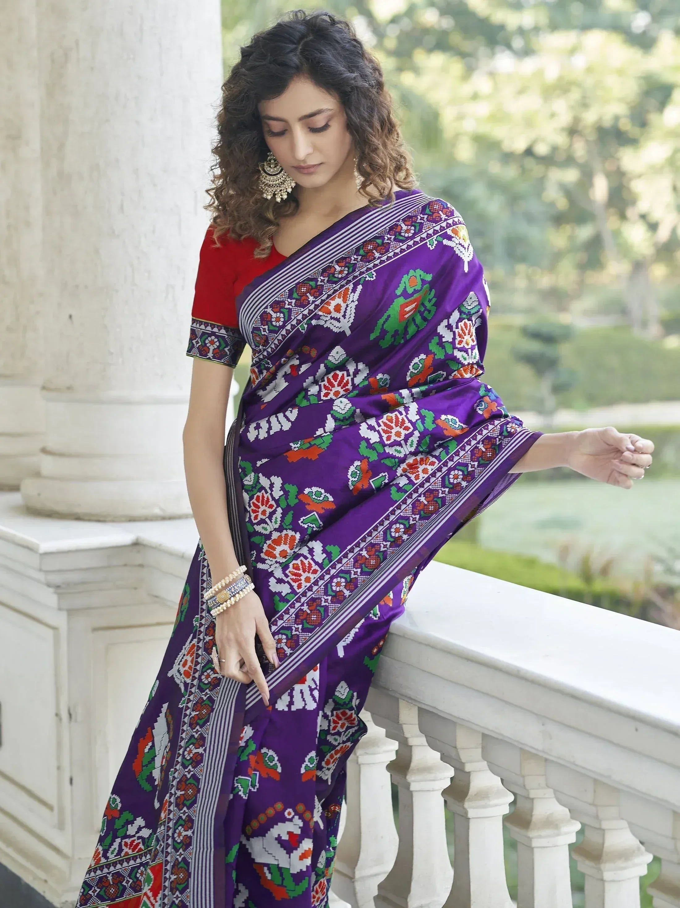 Purple floral saree with red blouse, ethnic Indian wear for women