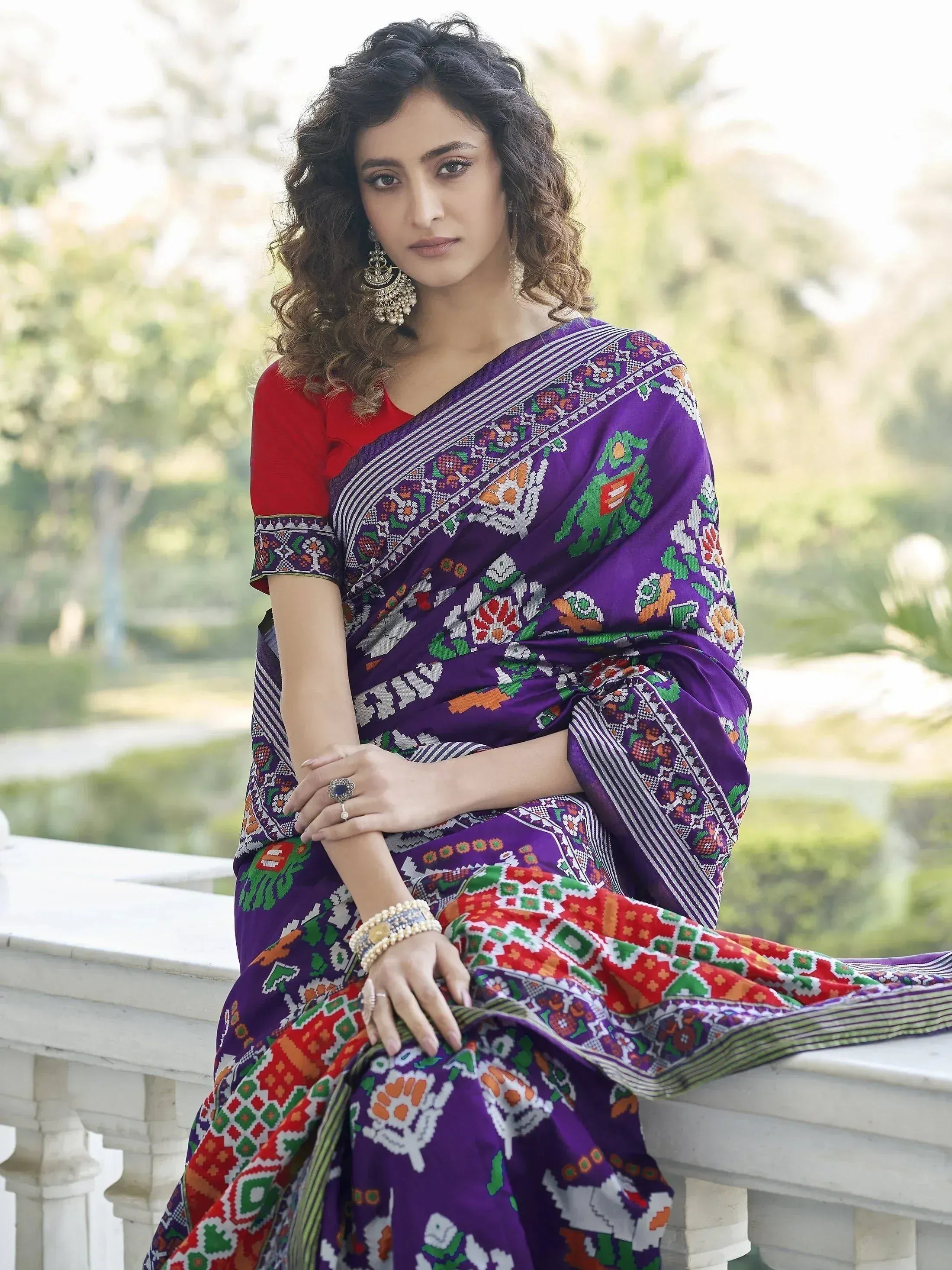 Purple floral saree with red blouse, ethnic Indian wear for women