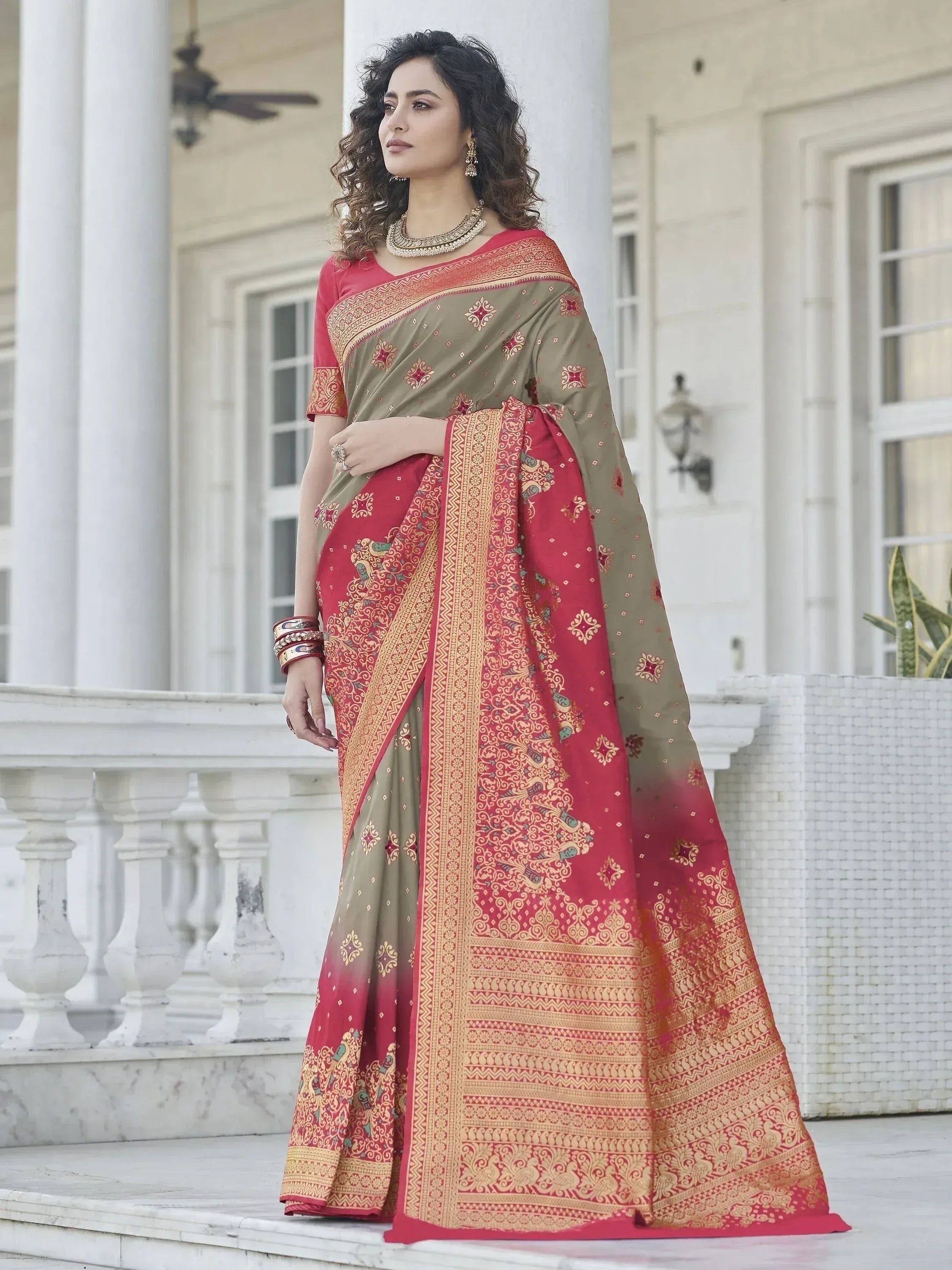 Elegant red and olive saree with intricate gold embroidery, perfect for Indian ethnic wear occasions.