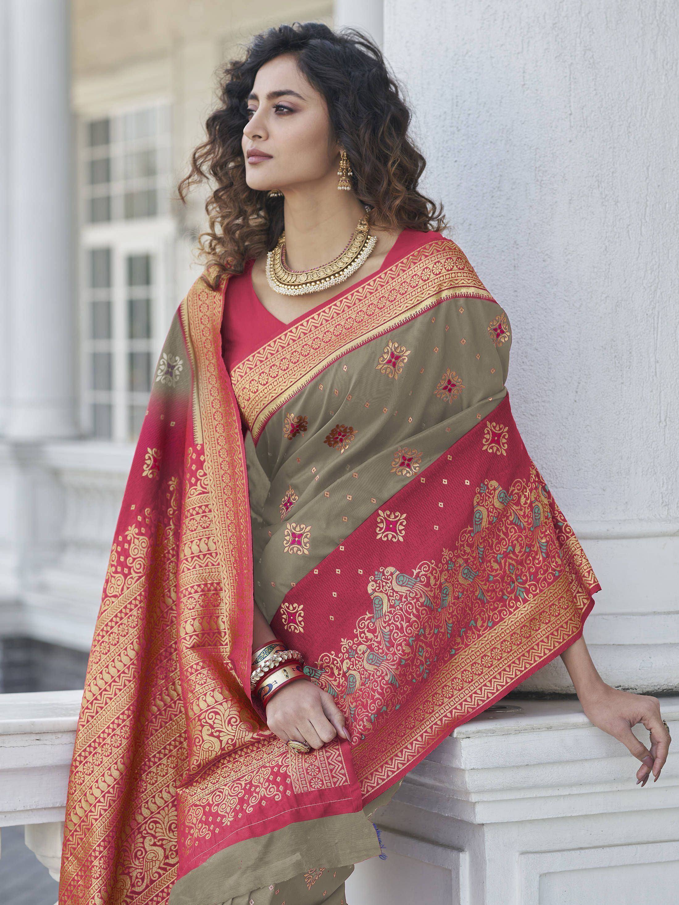 Elegant olive and pink saree with gold zari peacock motifs, perfect for Indian ethnic wear occasions