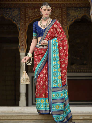 Ravishing Red Color Printed Silk Festival Wear Saree With Blouse