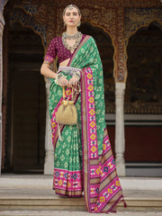 Astounding Teal Green Printed Silk Festival Wear Saree With Blouse
