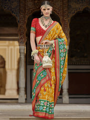 Outstanding Yellow Printed Silk Haldi Wear Saree With Blouse