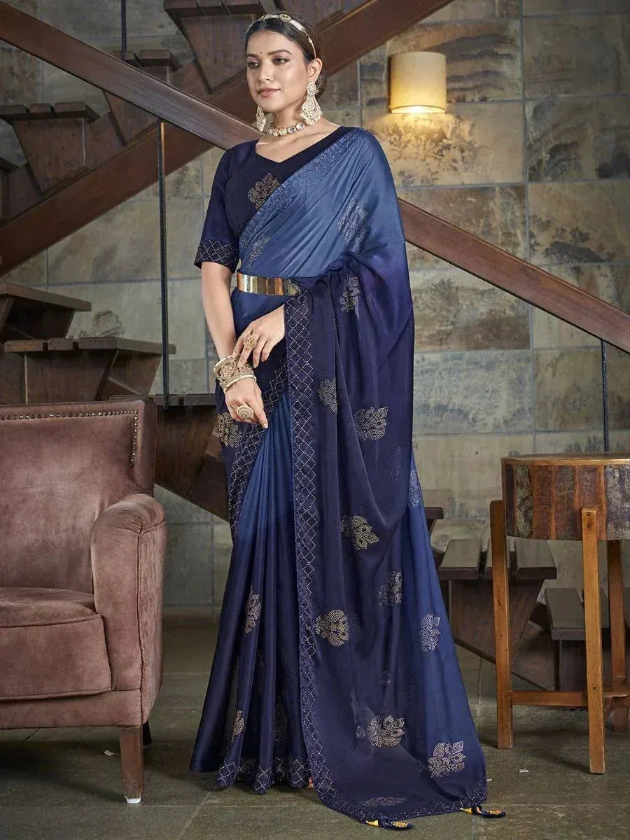 Navy blue designer saree with gold embroidery, perfect for Indian ethnic wear occasions