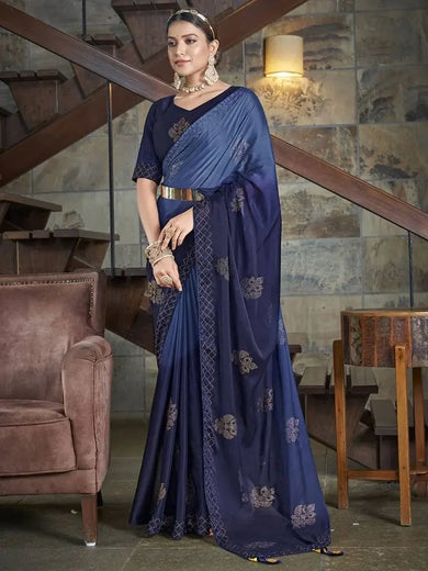 Alluring Navy Blue Swaroski Diamond Silk Party Wear Saree For Women
