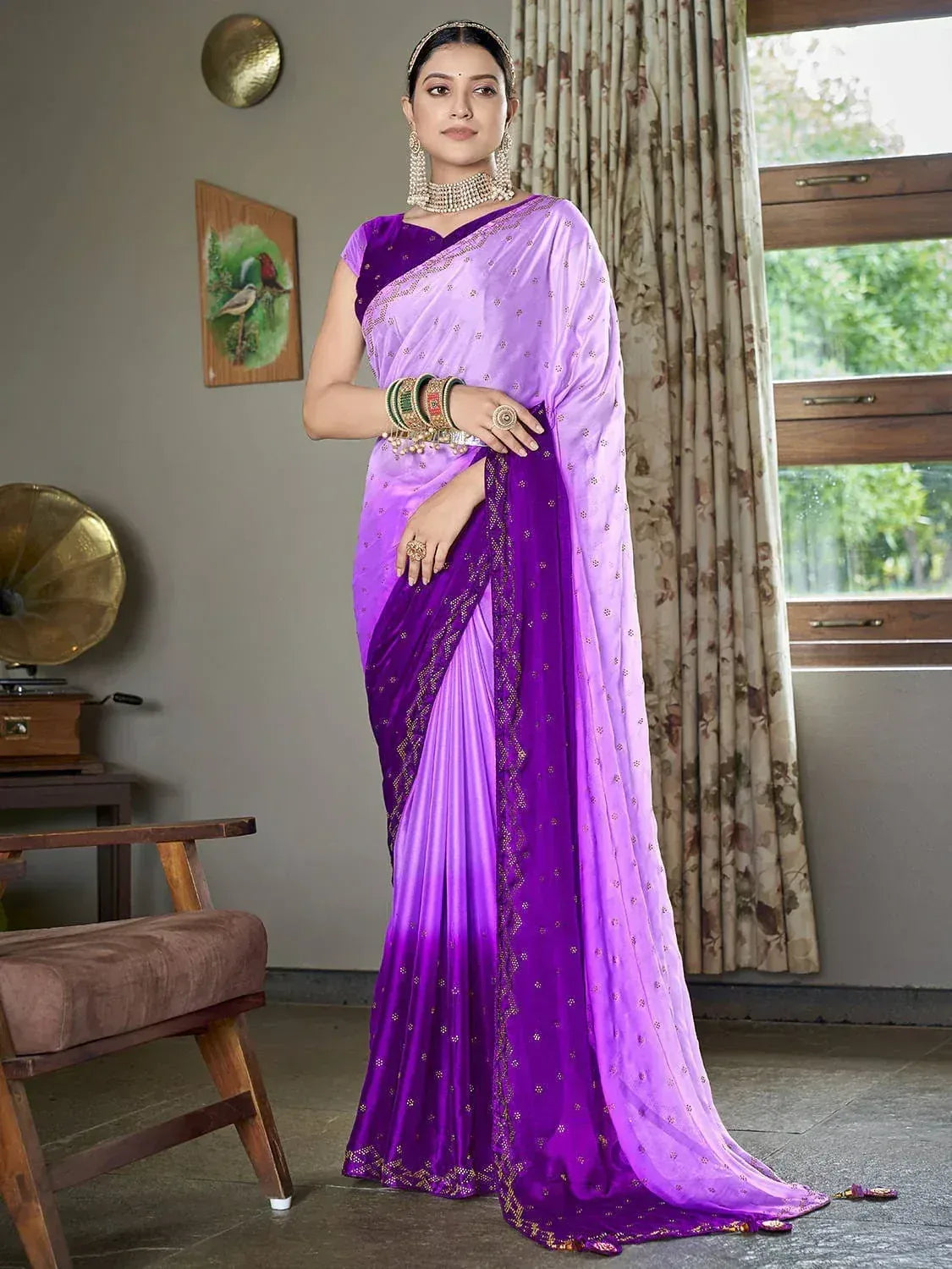 Purple ombre saree with gold embroidery, perfect for Indian ethnic wear occasions