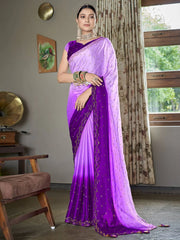 Delicate Purple Silk Swarovski Work Party Wear Saree With Blouse