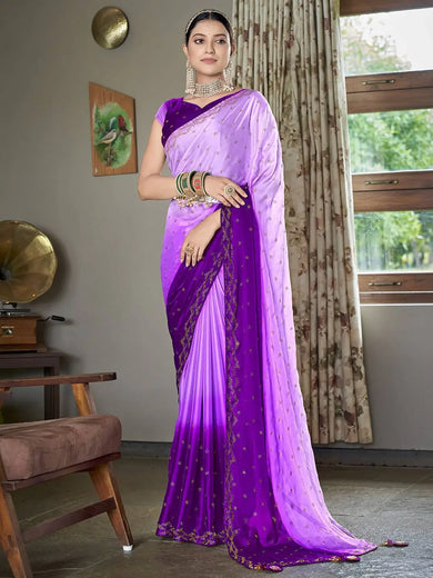 Delicate Purple Silk Swarovski Work Party Wear Saree With Blouse