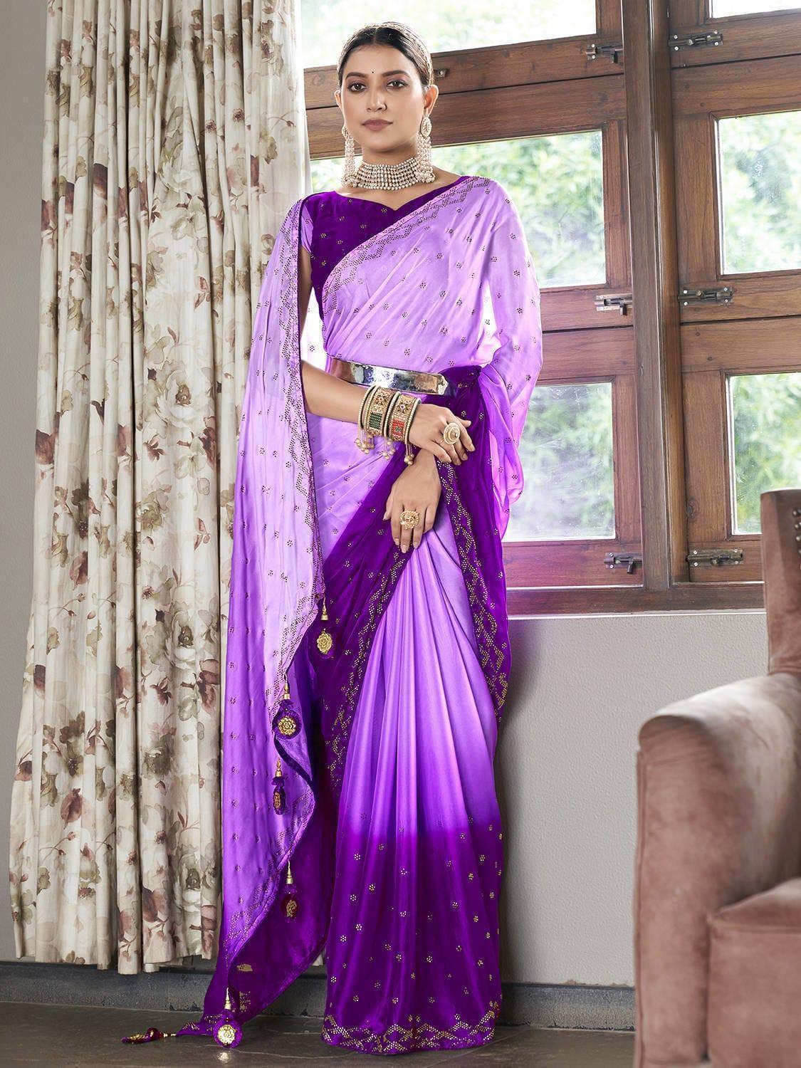 Purple ombre saree with gold embroidery, perfect for Indian ethnic wear and festive occasions