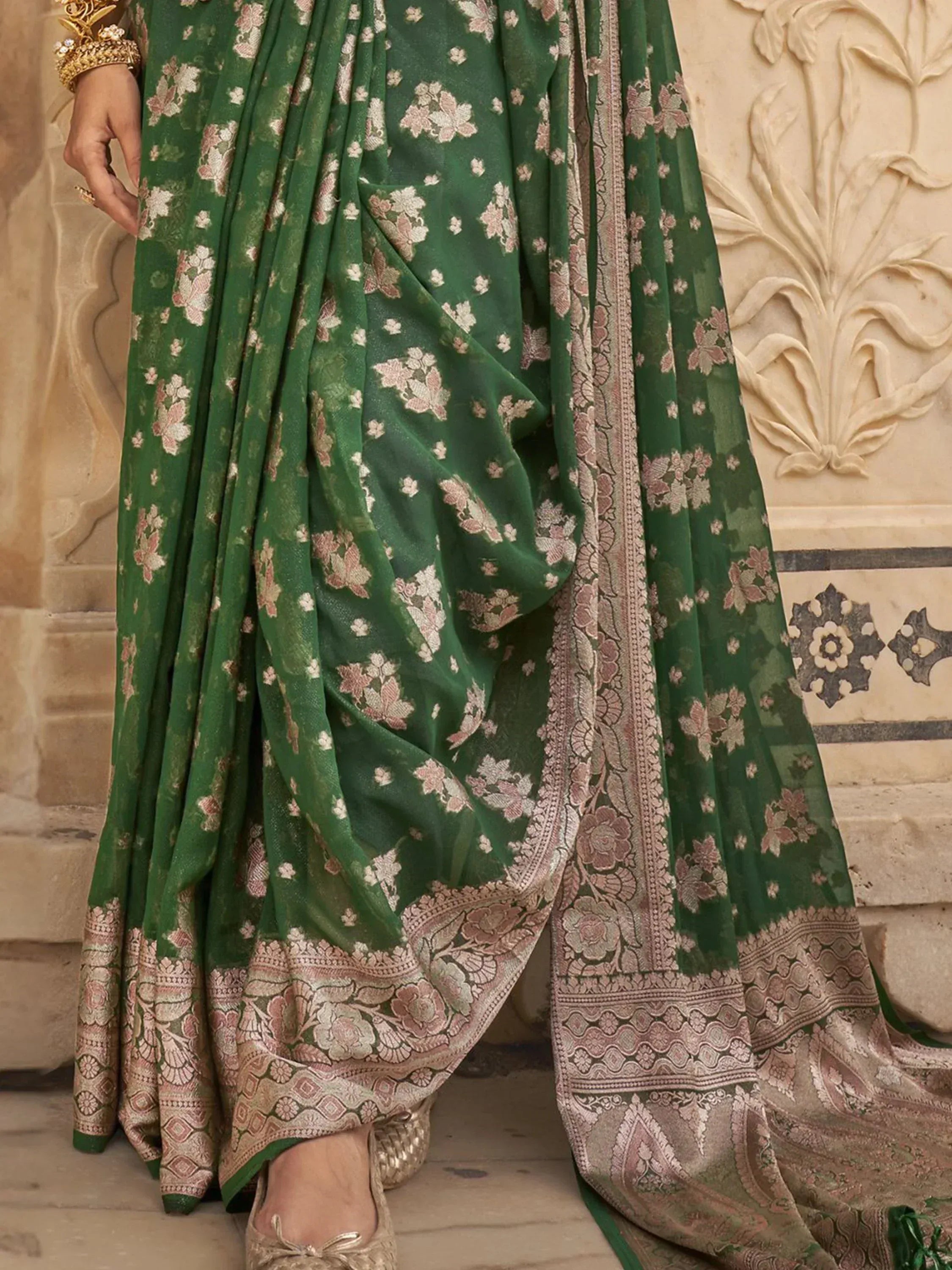 Green floral saree with intricate border, Indian ethnic wear for women