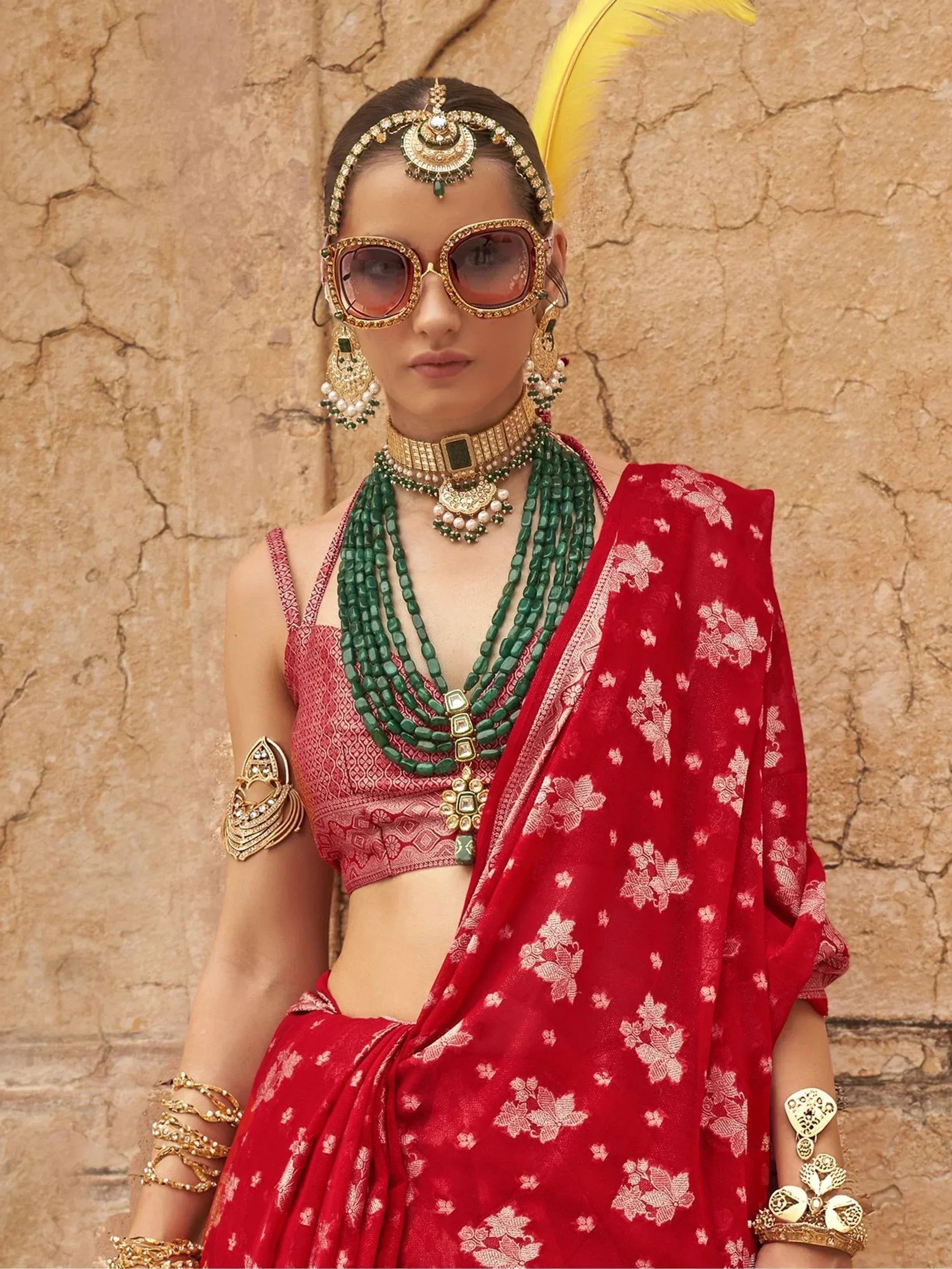 Red floral saree with gold jewelry and green beads, Indian ethnic wear