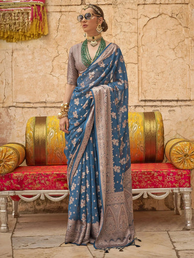 Beautiful Sea Blue Zari Weaving Georgette Event Wear Saree With Blouse