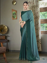 Dazzling Teal Green Swaroski Diamond Silk Party Wear Saree