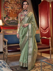 Beautiful Olive Green Handloom Weaving Chiffon Function Wear Saree