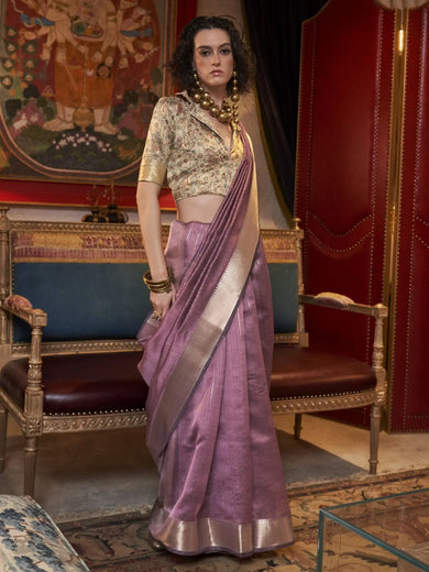 Lovely Mauve Handloom Weaving Chiffon Event Wear Saree With Blouse