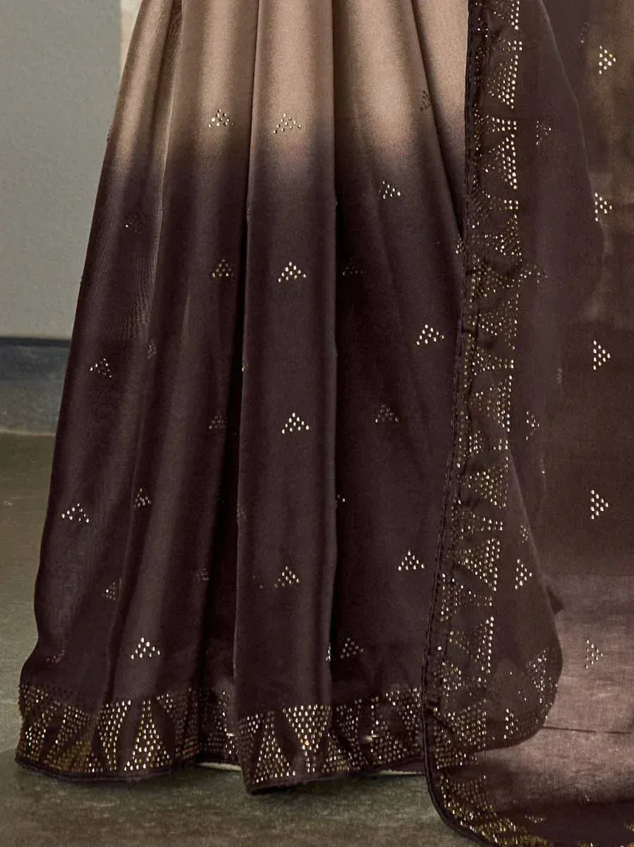 Dark brown ethnic lehenga with gold dot embroidery and scalloped hem, perfect for festive occasions