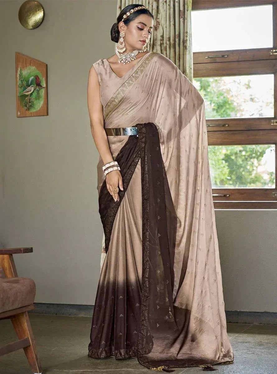 Elegant beige and brown saree with gold embroidery, perfect for Indian ethnic occasions