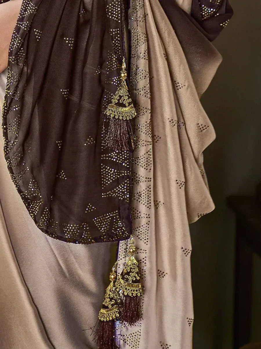 Elegant brown and beige ethnic dupatta with gold embroidery and tassels for saree or salwar kameez