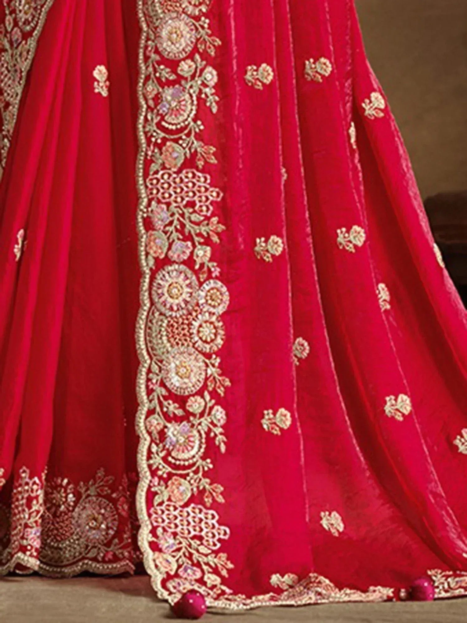 Red designer lehenga with gold floral embroidery and scalloped border, Indian ethnic wear