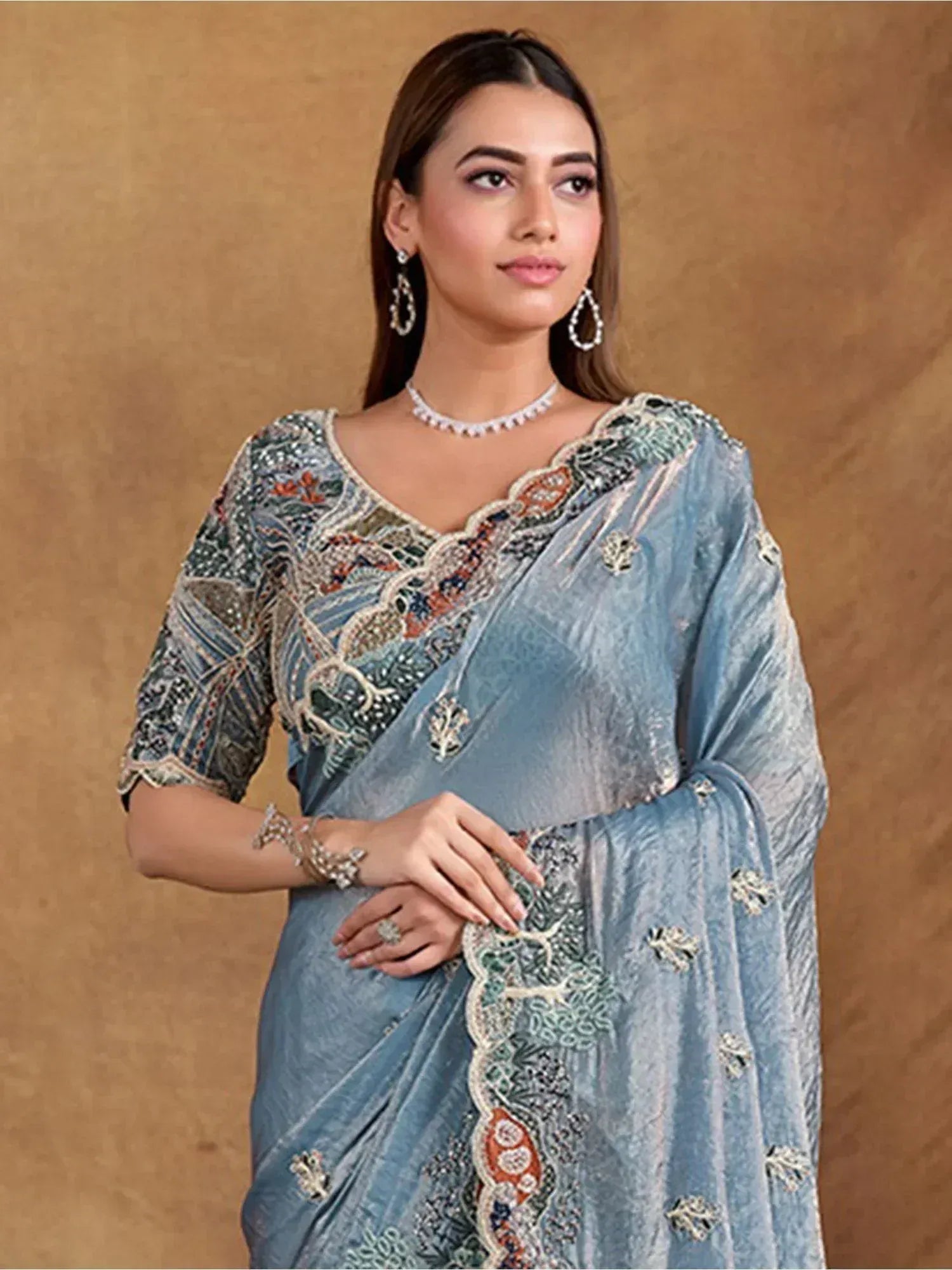 Lovely Slate Blue Heavy Border Work Satin Silk Engagement Wear Saree
