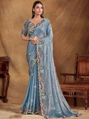 Lovely Slate Blue Heavy Border Work Satin Silk Engagement Wear Saree