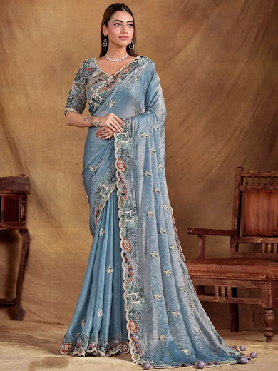 Lovely Slate Blue Heavy Border Work Satin Silk Engagement Wear Saree