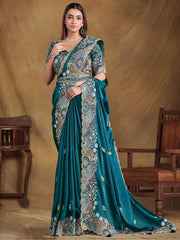 Magnetic Teal Blue Heavy Border Work Satin Silk Wedding Wear Saree