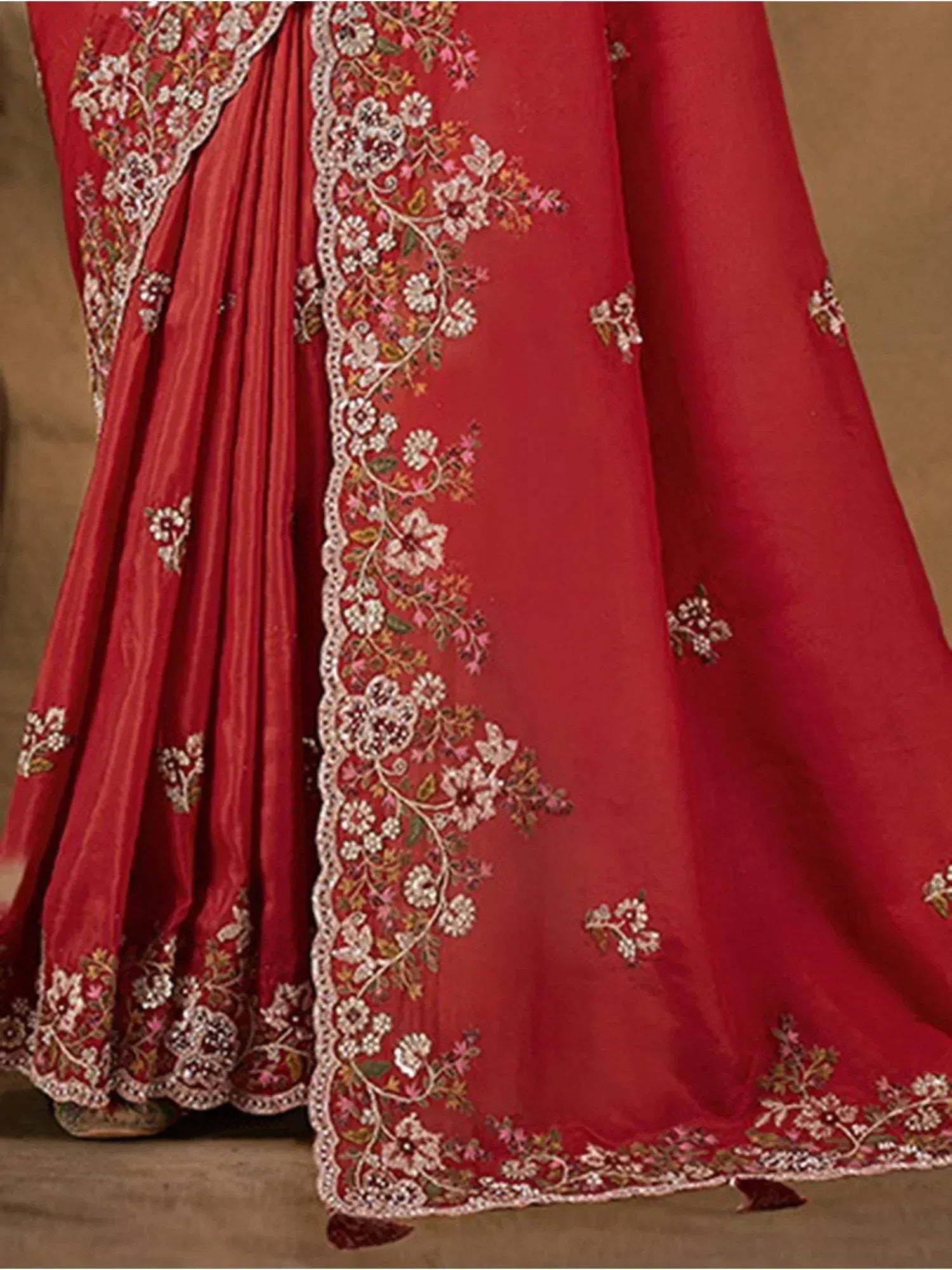 Red embroidered lehenga choli with floral zari work, Indian ethnic wear for weddings