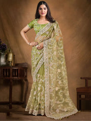 Incredible Pista Green Heavy Embroidered Net Event Wear Saree