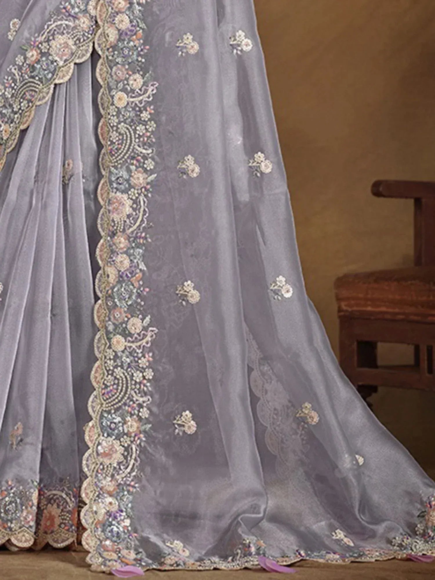 Grey embroidered lehenga choli with floral lace detailing, perfect for Indian ethnic wear occasions