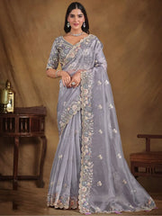 Stunning Slate Grey Sequins Work Organza Silk Party Wear Saree