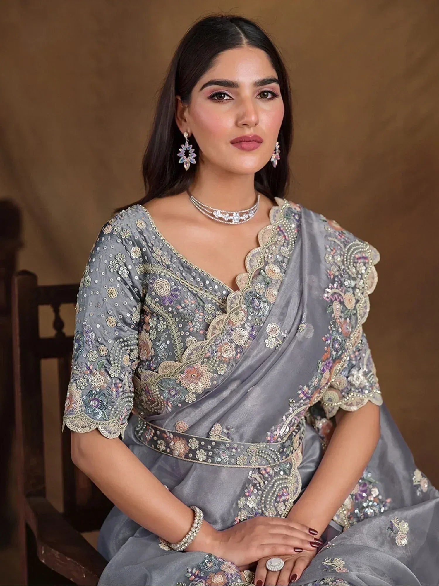 Grey floral embroidered saree with scalloped blouse, perfect for Indian ethnic occasions and weddings.