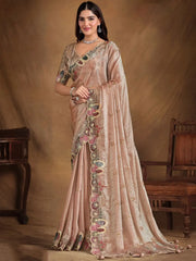 Delightful Peach Color Heavy Border Work Satin Silk Event Wear Saree