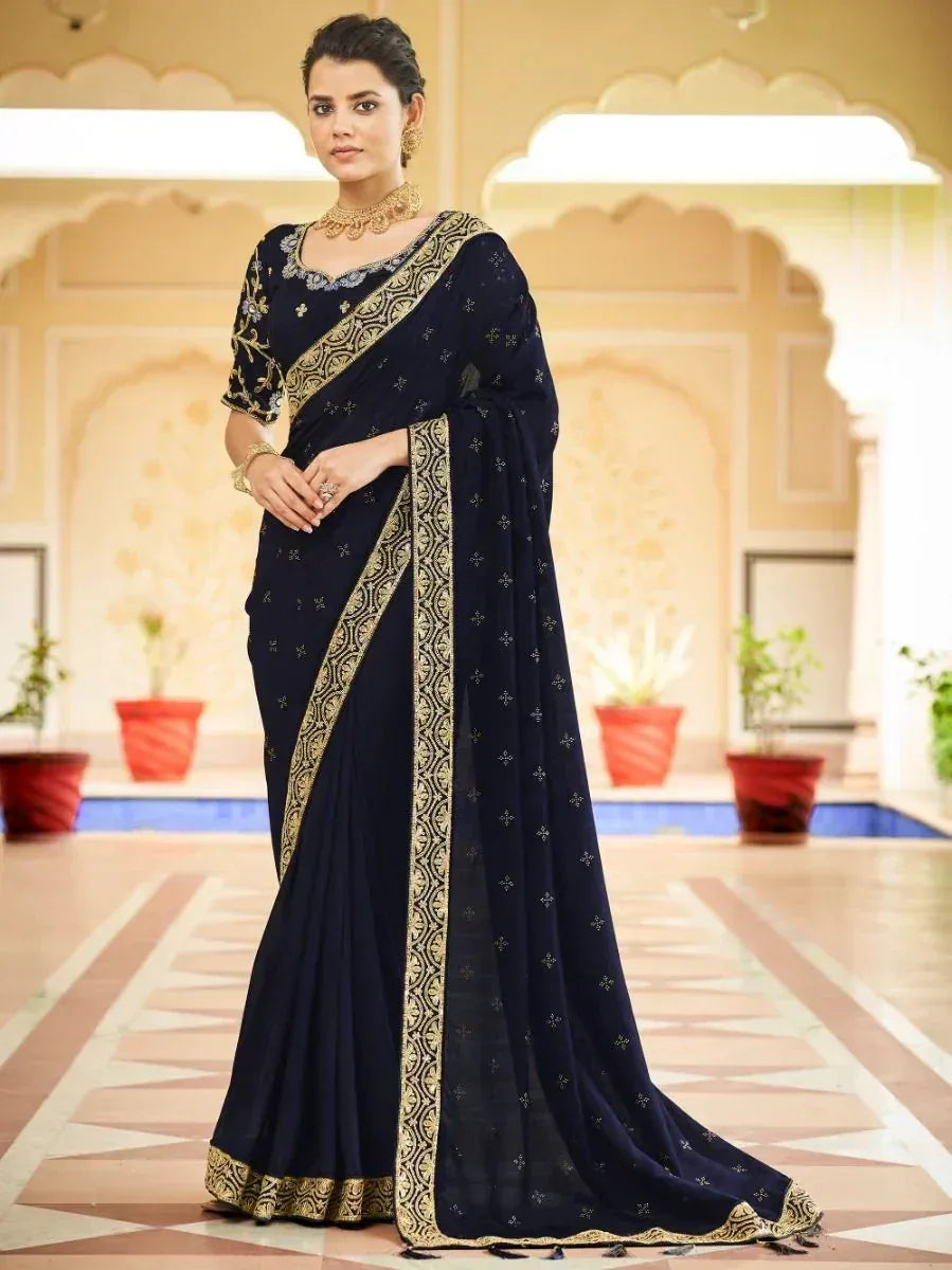 Navy blue designer saree with gold embroidery, perfect for Indian ethnic wear occasions