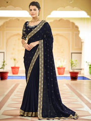 Prodigious Dark Blue Sequins Embroidered Vichitra Party Wear Saree