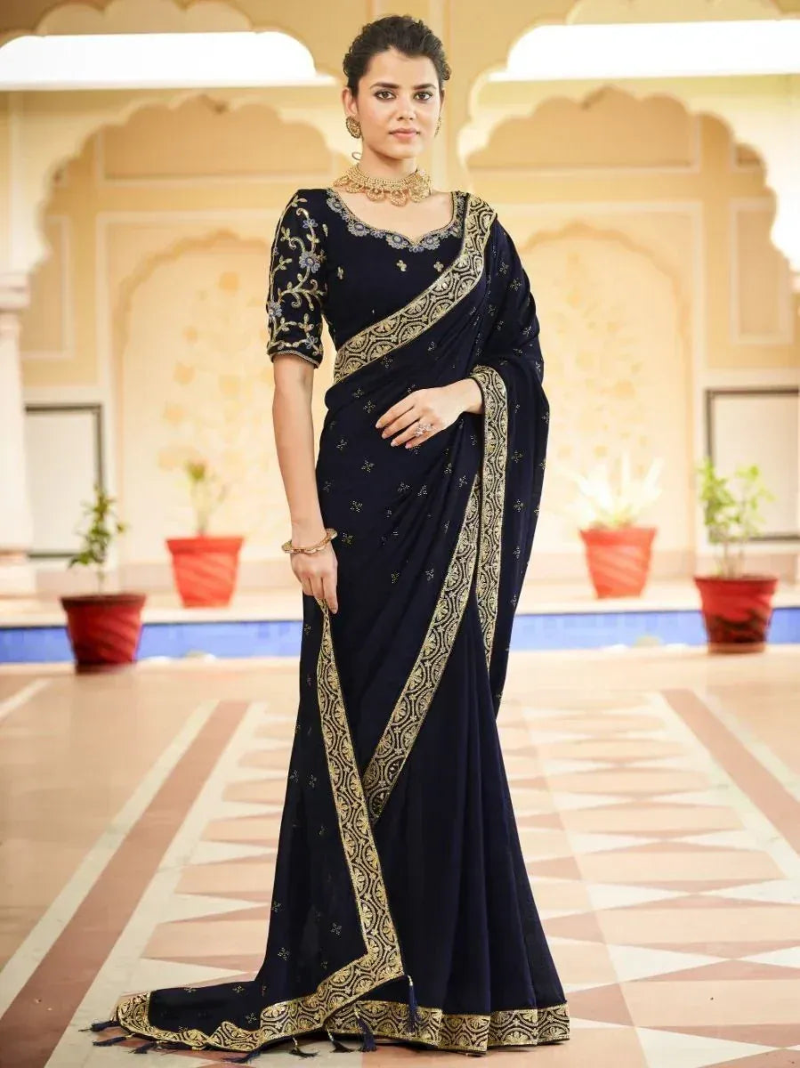 Navy blue designer saree with gold embroidery, perfect for Indian ethnic occasions