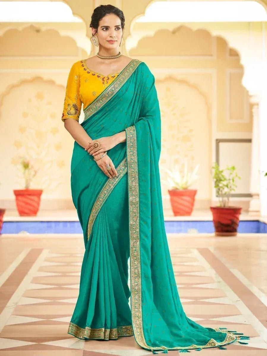Teal saree with gold border and yellow blouse, Indian ethnic wear for women