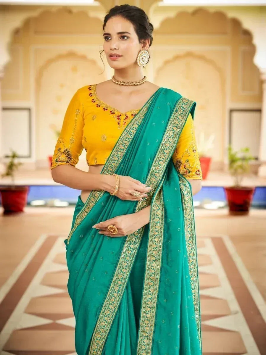 Teal saree with gold border and yellow embroidered blouse, Indian ethnic wear