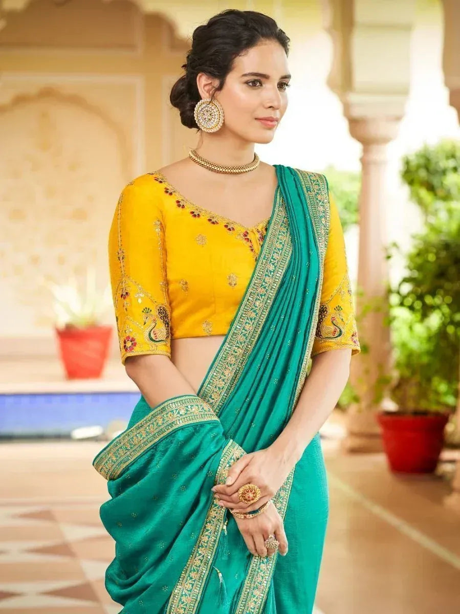 Teal saree with gold border and yellow embroidered blouse, Indian ethnic wear