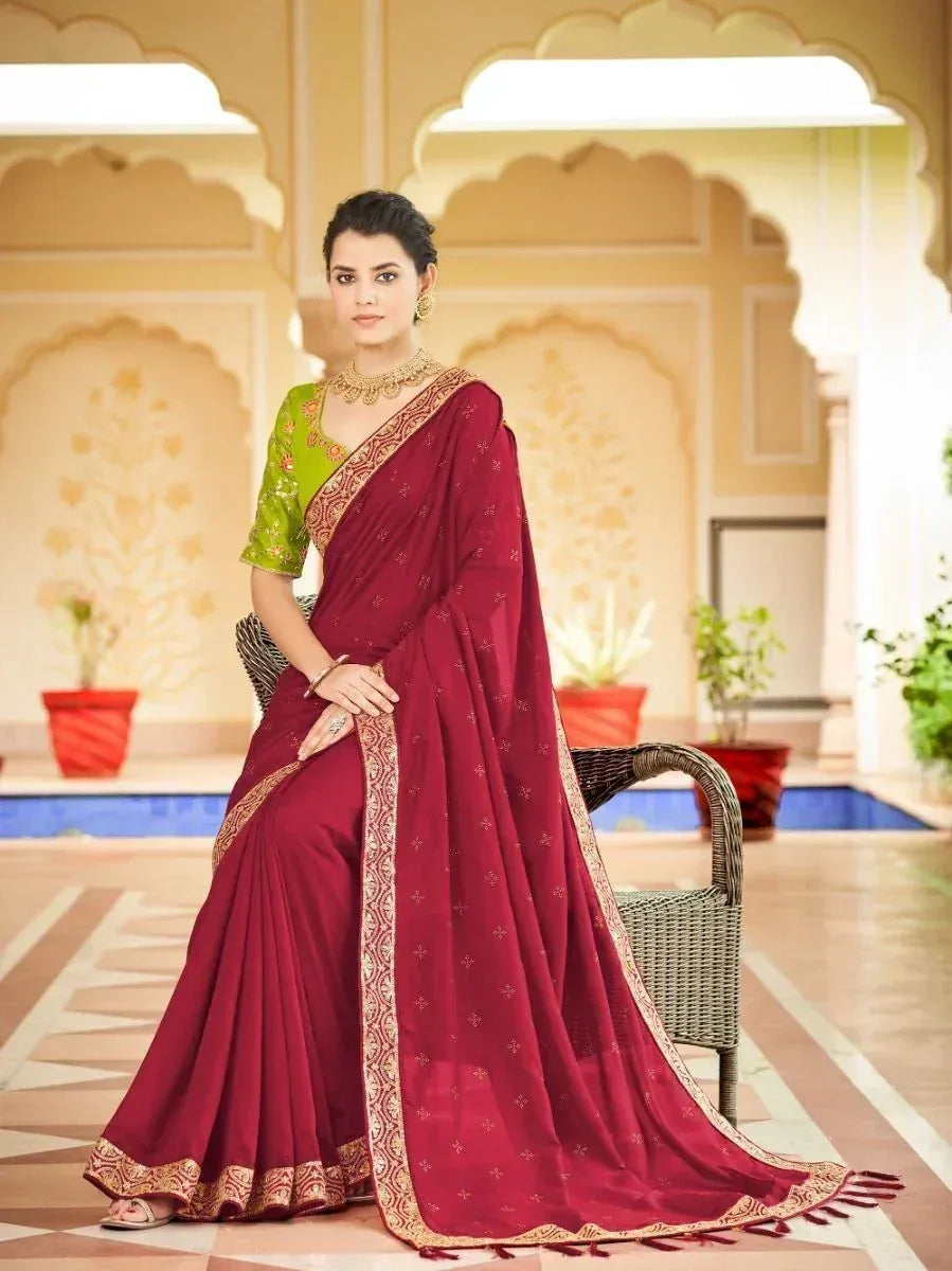 Maroon embroidered saree with green blouse, ethnic Indian wear for women
