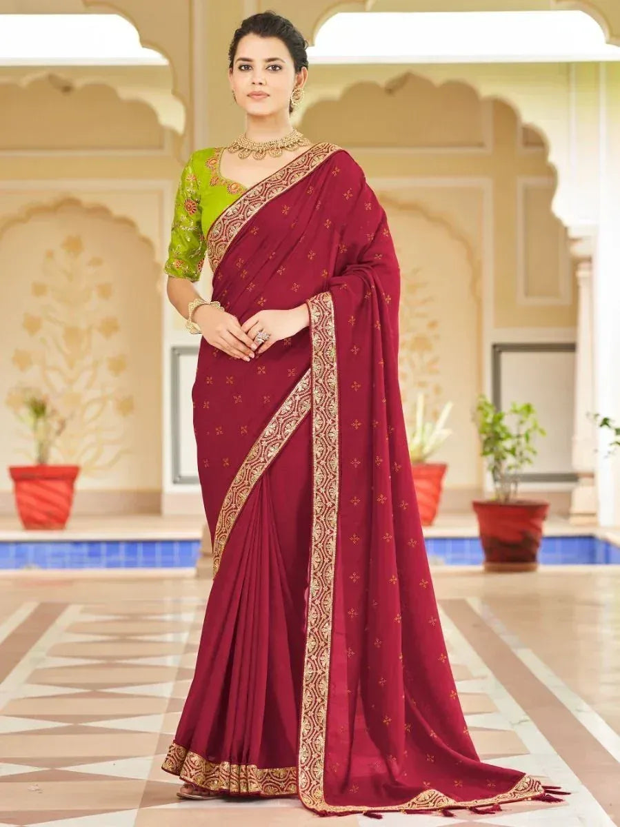 Maroon saree with gold embroidery and green blouse, Indian ethnic wear for women